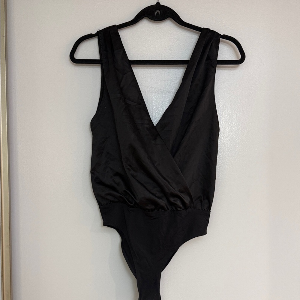 Zara Black Satin V-Neck Bodysuit
